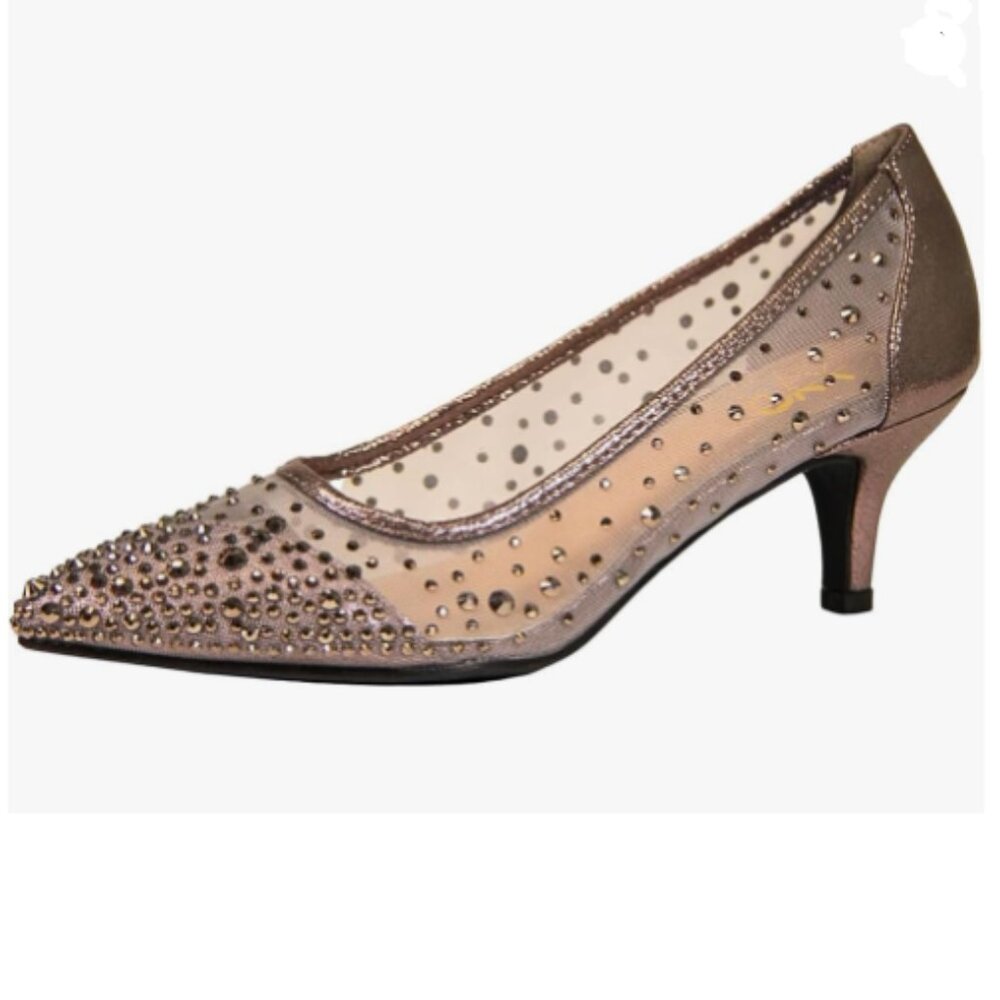 XYD Pewter Pointed Toe Slip On Graceful Mesh Pumps Rhinestone Studs Comfy Shoes